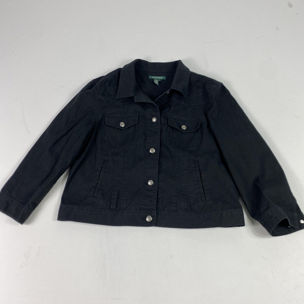 Lauren Ralph Lauren Jacket‎ Womens XL Black Linen Blend Embroidered Western Snap
